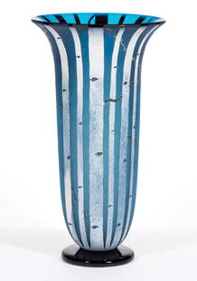 BERNARD KATZ (AMERICAN 20TH / 21ST CENTURY) STUDIO GLASS VASE: BERNARD KATZ (AMERICAN 20TH / 21ST CENTURY) STUDIO GLASS VASE, blue,&nbsp;tall trumpet form raised on a black foot, from his &quot;Birch Tree&quot; series, signed to the edge of the foot. Late 20th/ea