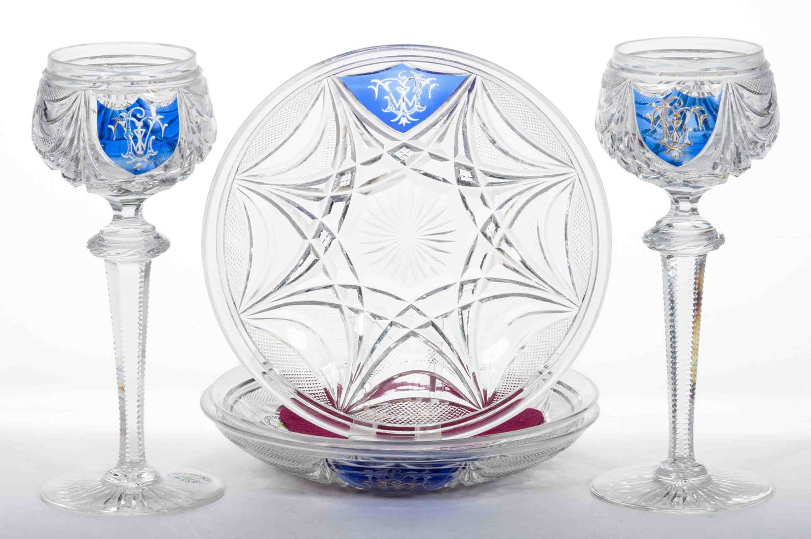 FRENCH CUT GLASS SHIELD AND DRAPE GLASS WINES AND SAUCERS, LOT OF FIVE (1 of 1)