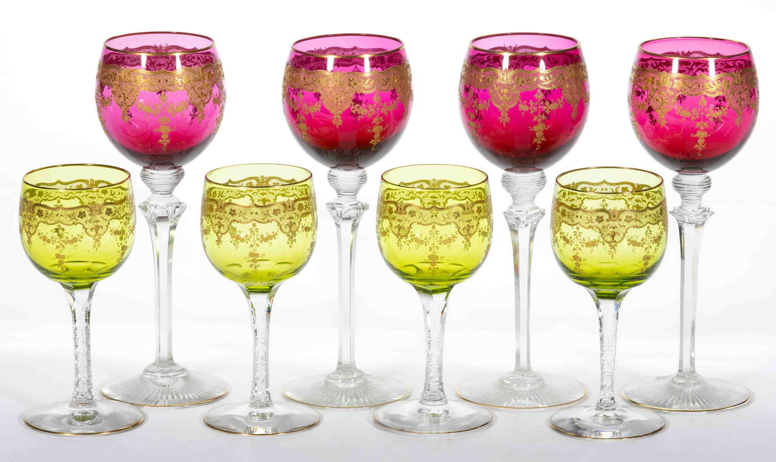 FRENCH ENAMEL-DECORATED GLASS WINES, LOT OF EIGHT (1 of 1)