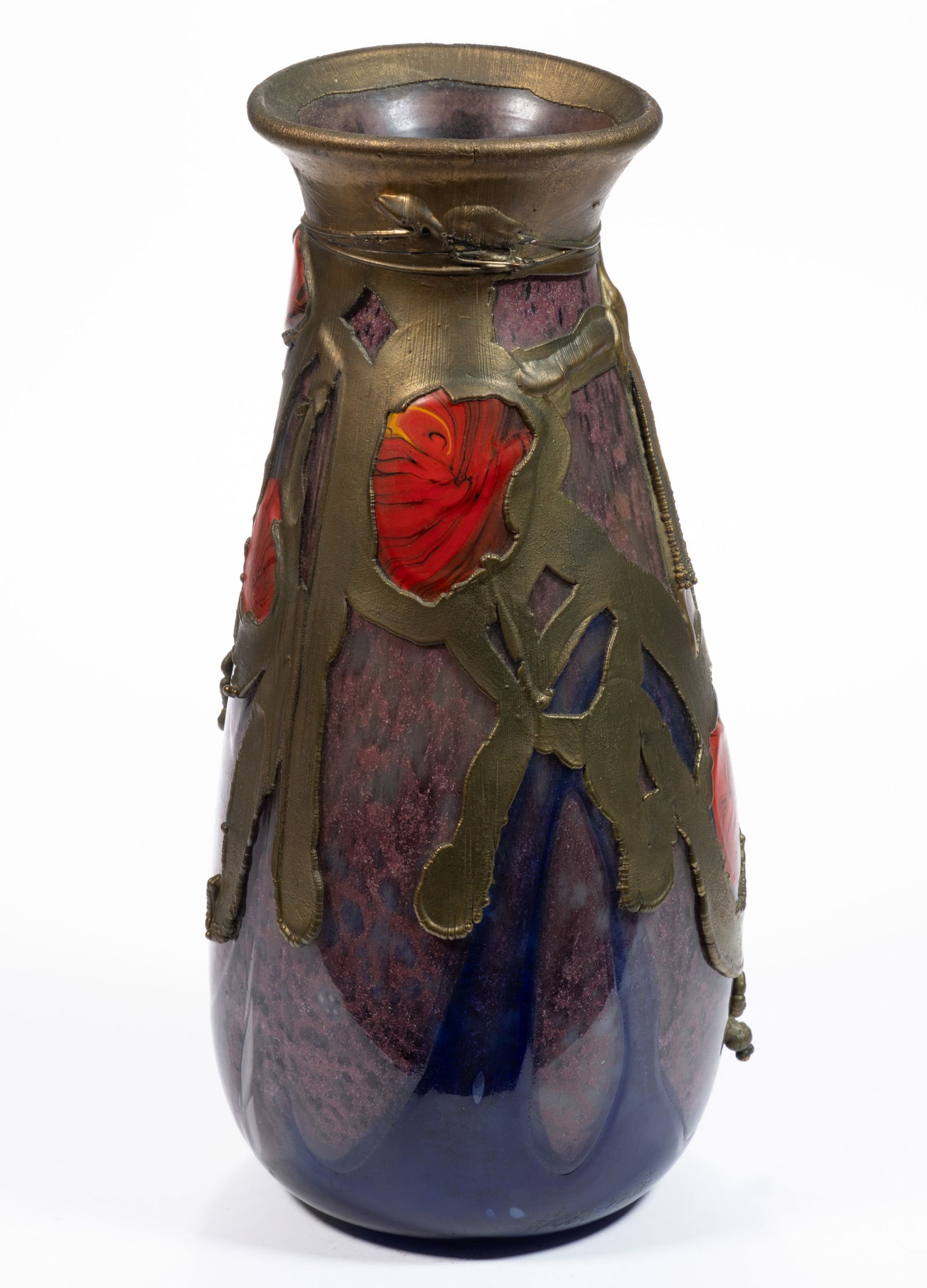 MOTTLED ART GLASS AND METAL OVERLAY STUDIO ART VASE (1 of 5)