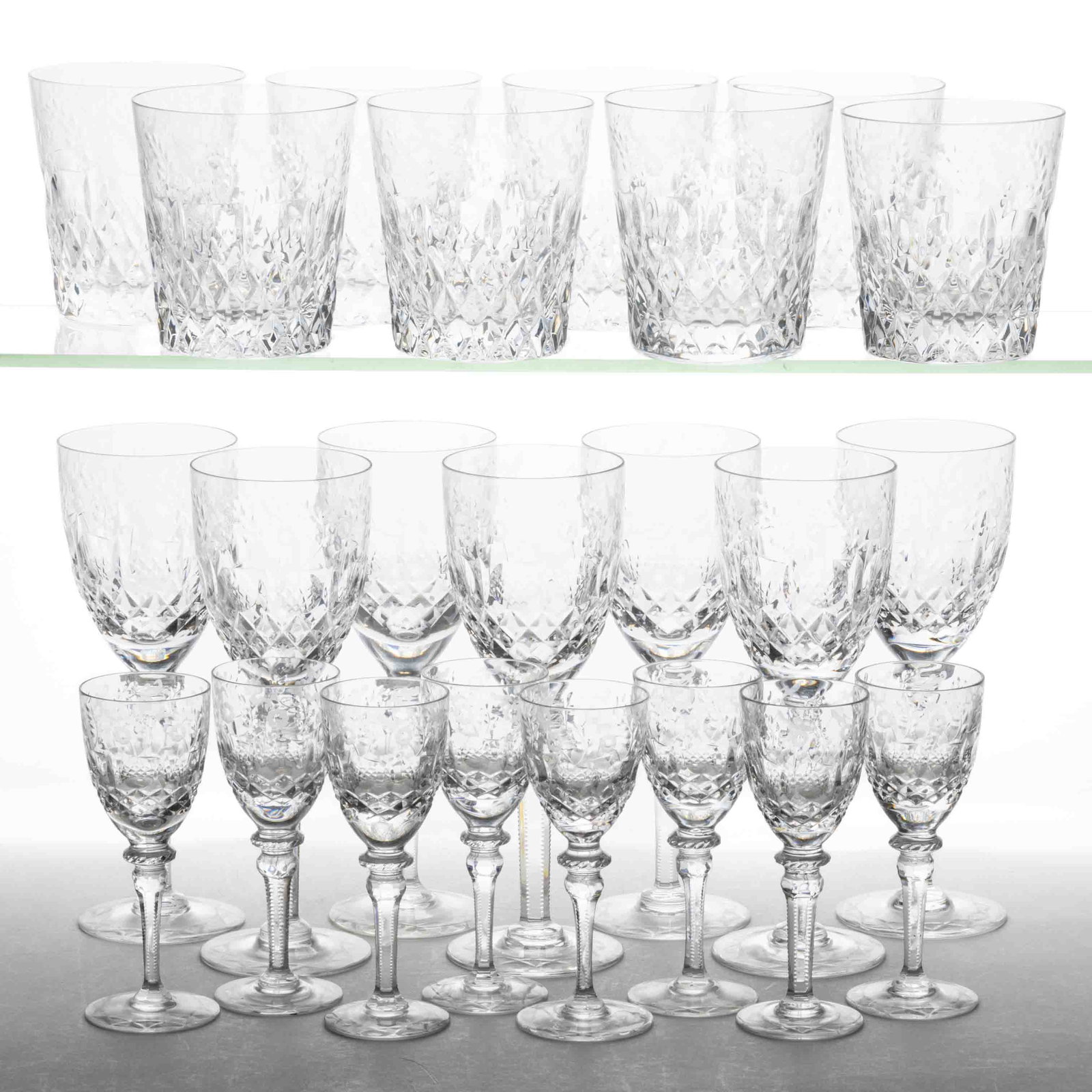 ROGASKA GALLIA CUT AND ENGRAVED CRYSTAL DRINKING ARTICLES, LOT OF 23: ROGASKA GALLIA CUT AND ENGRAVED CRYSTAL DRINKING ARTICLES, LOT OF 23, colorless, comprising eight tumblers, eight wines, and seven large wine glasses, each having matching cut and engraved decoration.