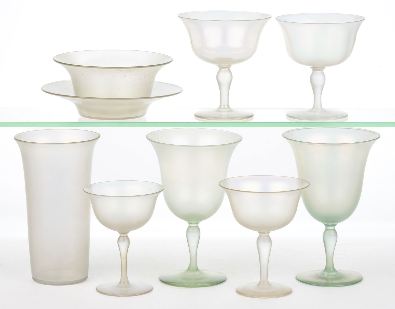 STEUBEN NO. 1044 IRIDESCENT ART GLASS ARTICLES, LOT OF NINE (1 of 1)