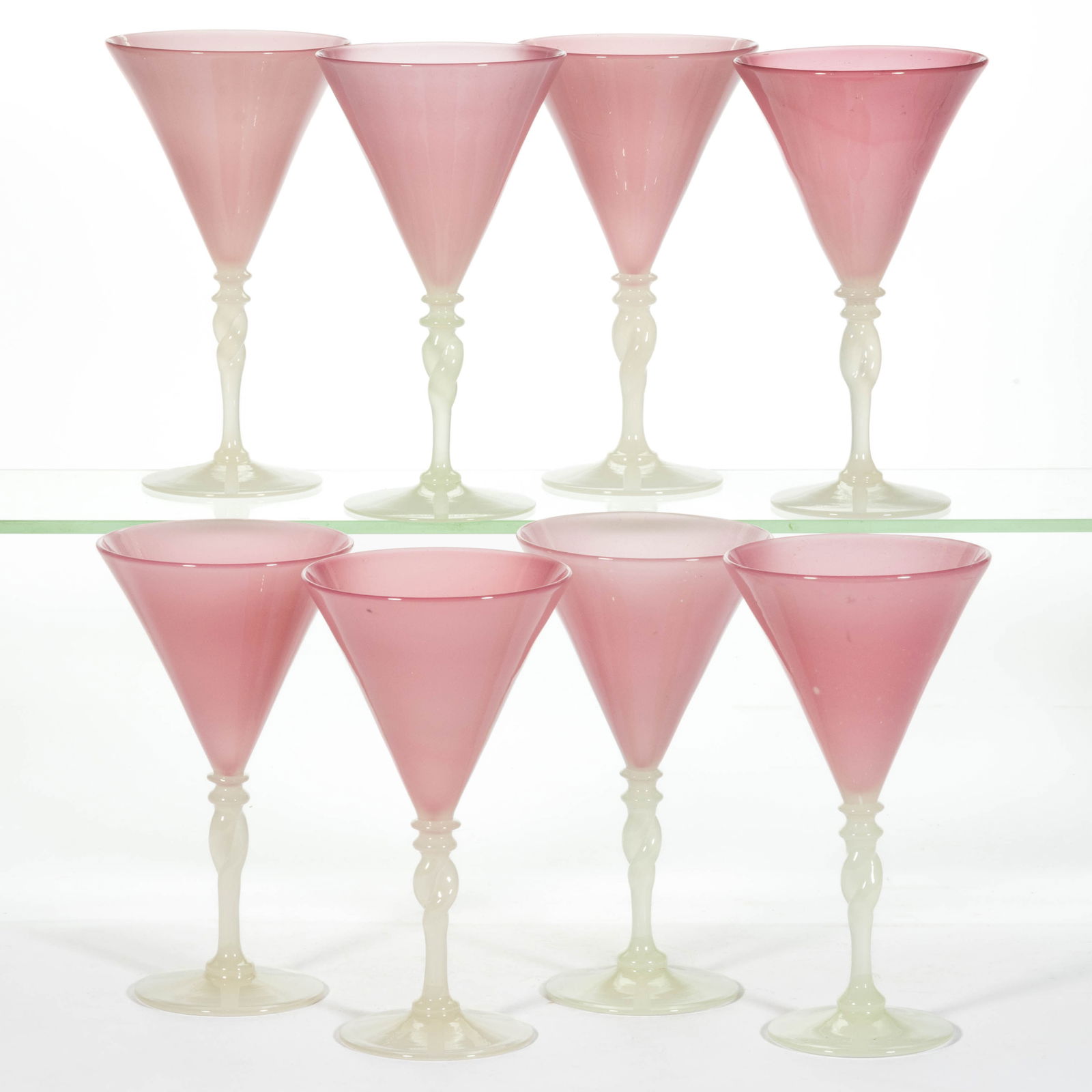 STEUBEN ATTRIBUTED NO. 5154 TWIST-STEM ART GLASS CHAMPAGNES, LOT OF EIGHT (1 of 1)