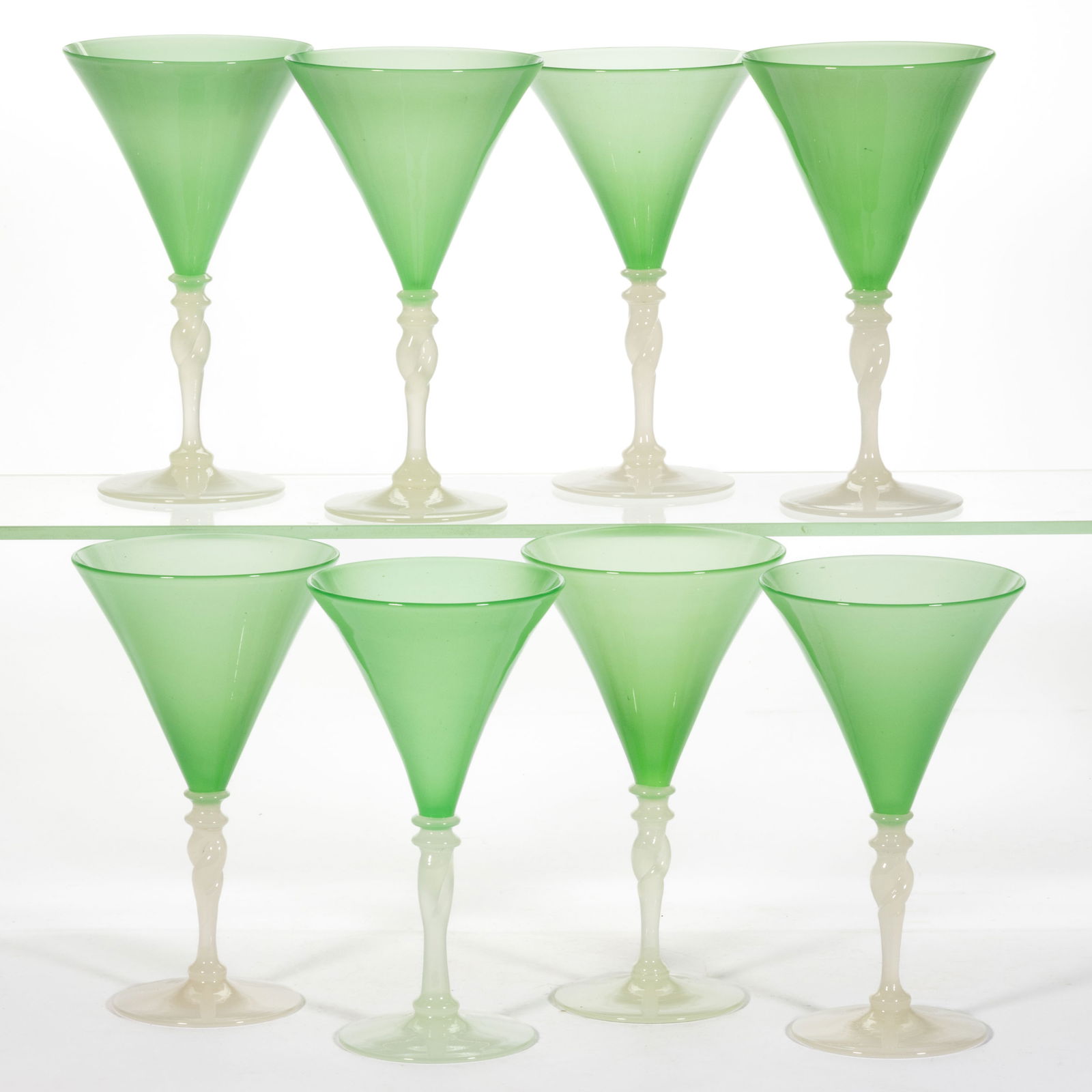 STEUBEN ATTRIBUTED NO. 5154 TWIST-STEM ART GLASS CHAMPAGNES, LOT OF EIGHT (1 of 1)