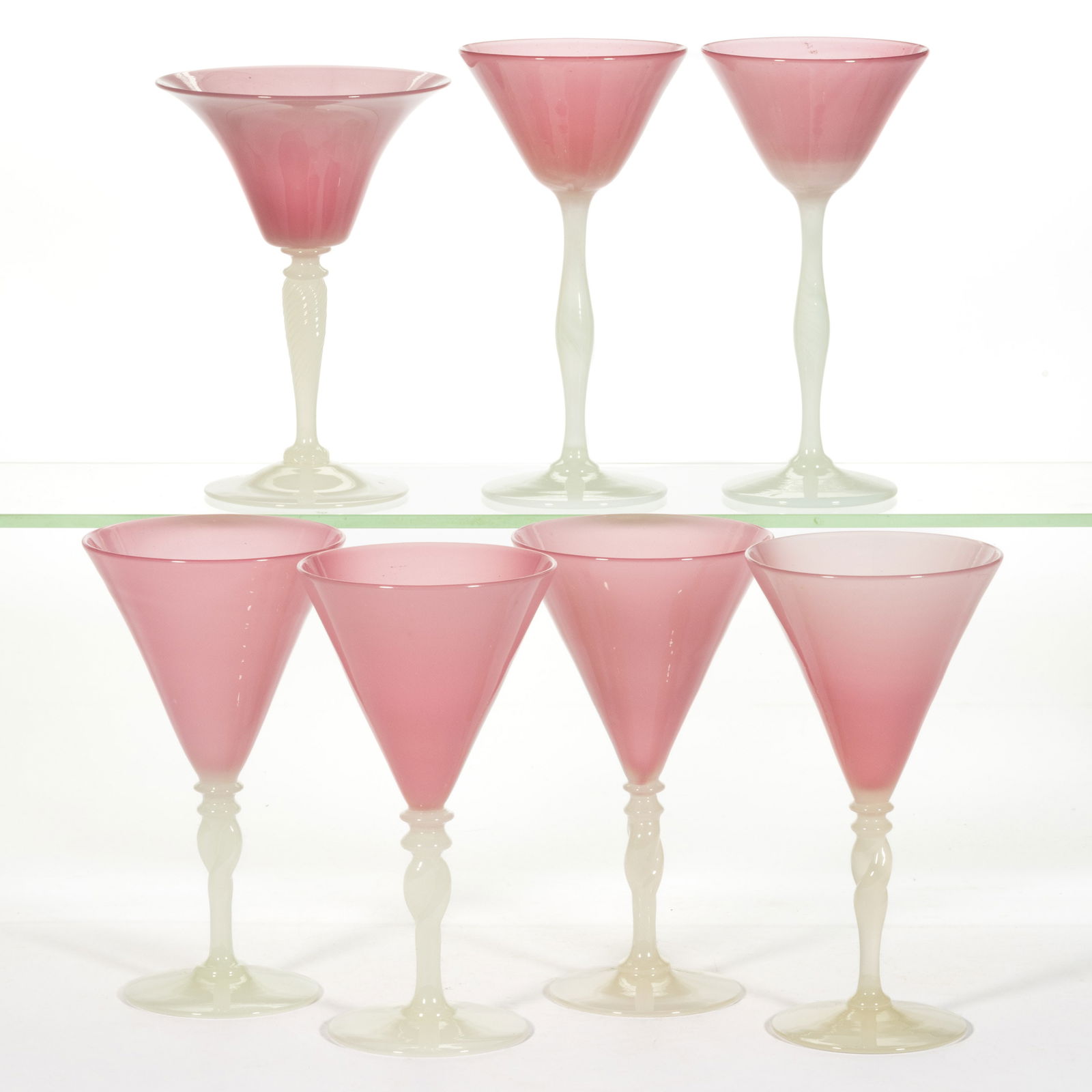 STEUBEN ATTRIBUTED ROSALINE ART GLASS DRINKING ARTICLES, LOT OF SEVEN (1 of 1)