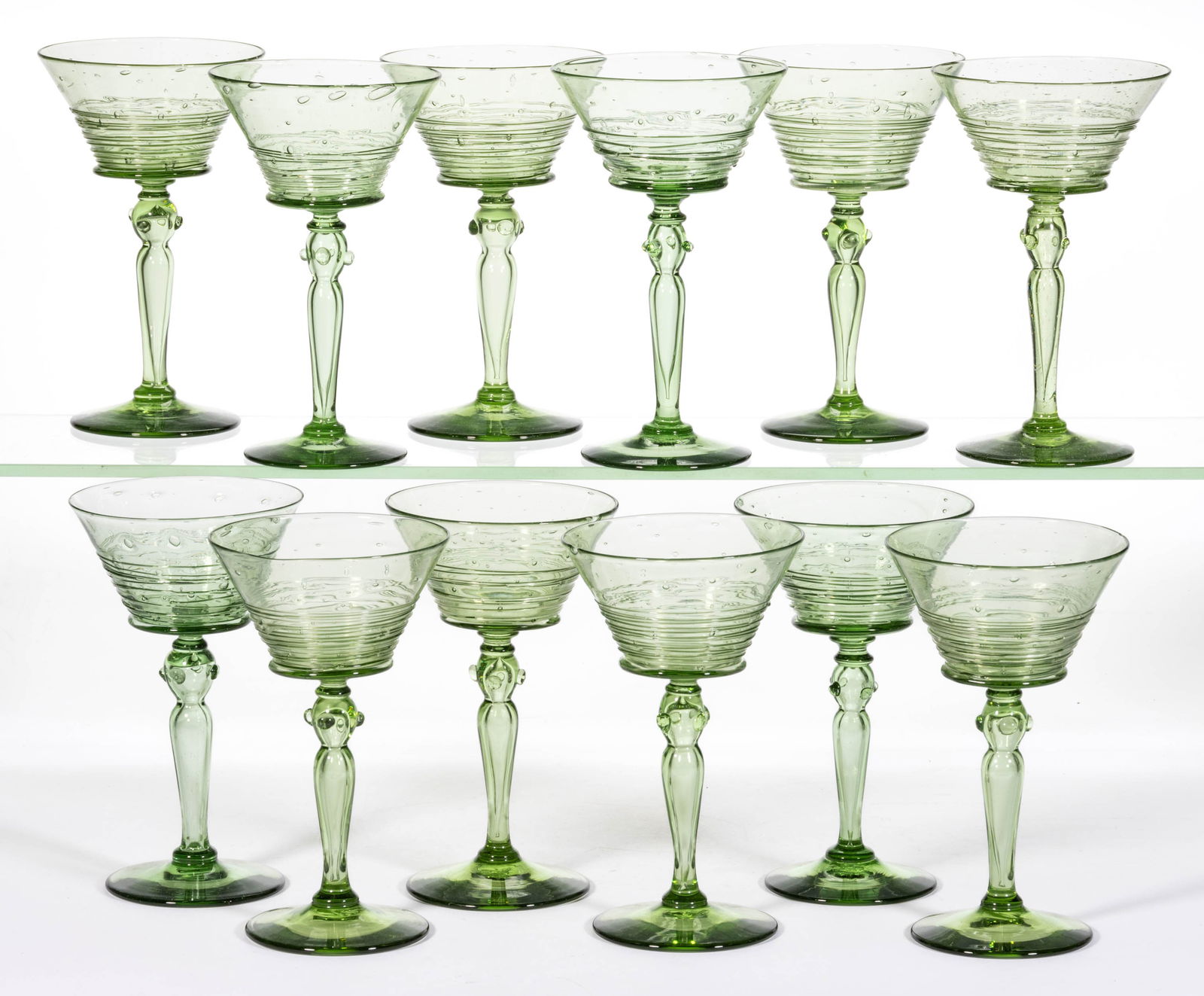 STEUBEN ATTRIBUTED NO. 6359 THREAD-DECORATED ART GLASS WINES, LOT OF 12 (1 of 1)