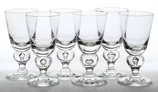 STEUBEN CRYSTAL NO. 7877 GLASS WINES, SET OF SIX: STEUBEN CRYSTAL NO. 7877 GLASS WINES, SET OF SIX, slightly conical bowl with an inverted-baluster form air-trap stem and circular foot, signed to the underside "Steuben", polished pontil