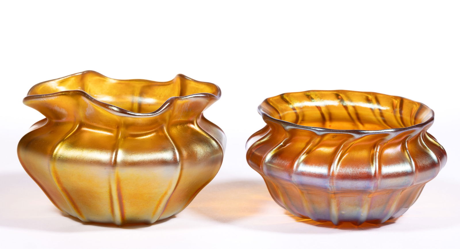 QUEZAL RIBBED IRIDESCENT ART GLASS DISHES, LOT OF TWO (1 of 1)