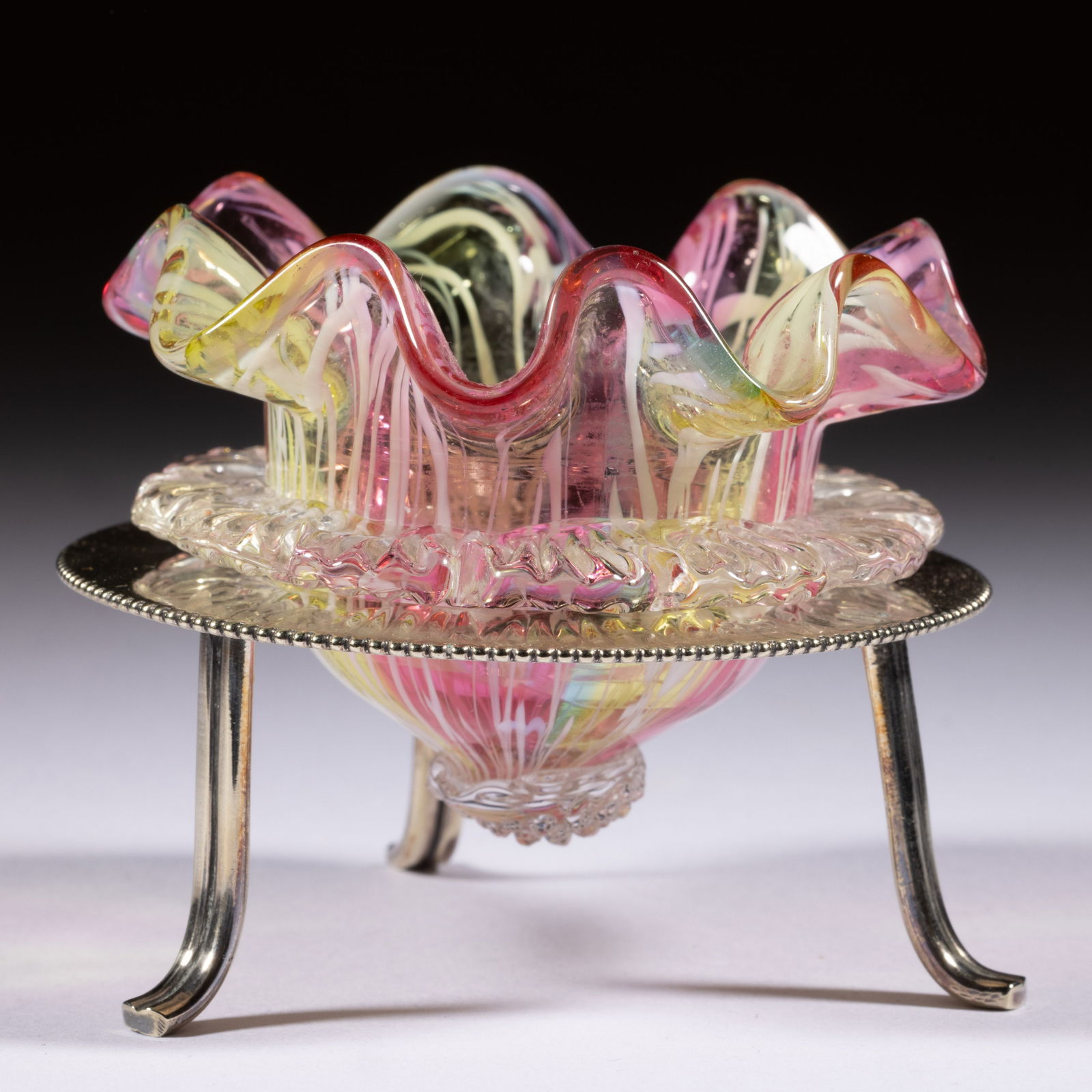 VICTORIAN RAINBOW STIPE ART GLASS OPEN SALT IN STAND (1 of 1)