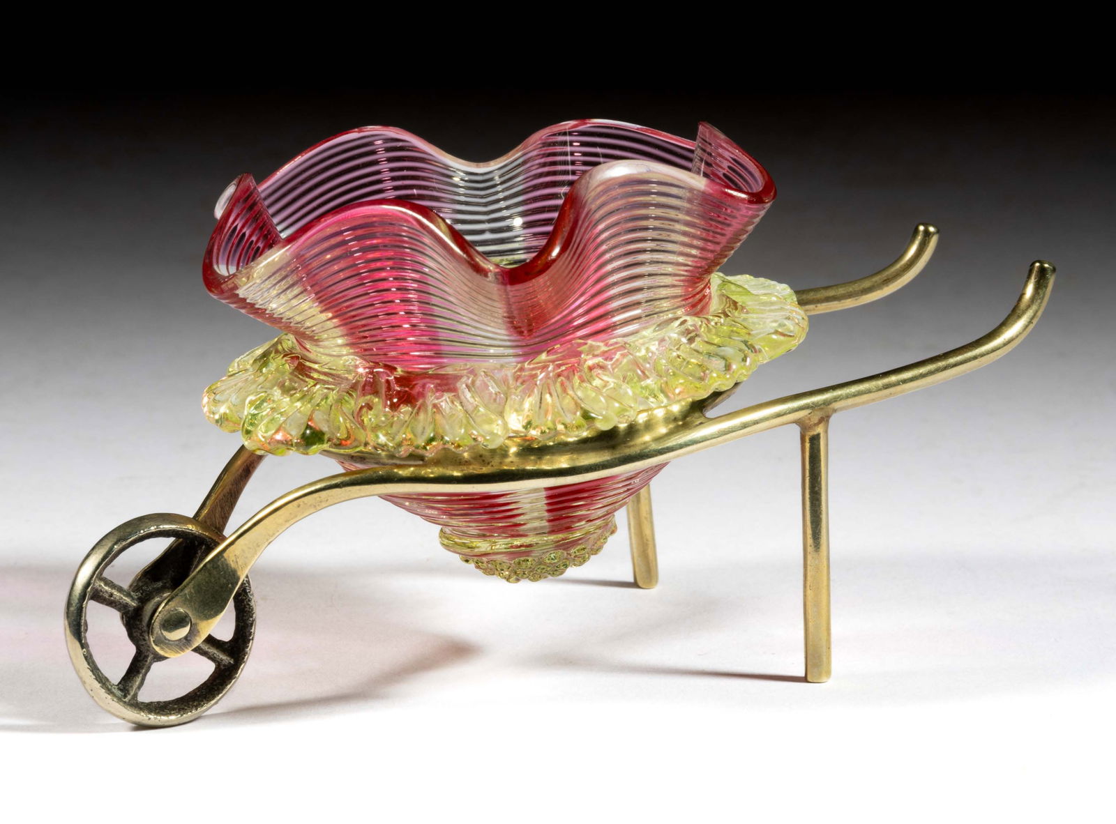 VICTORIAN STRIPED AND THREADED ART GLASS OPEN SALT IN STAND (1 of 1)