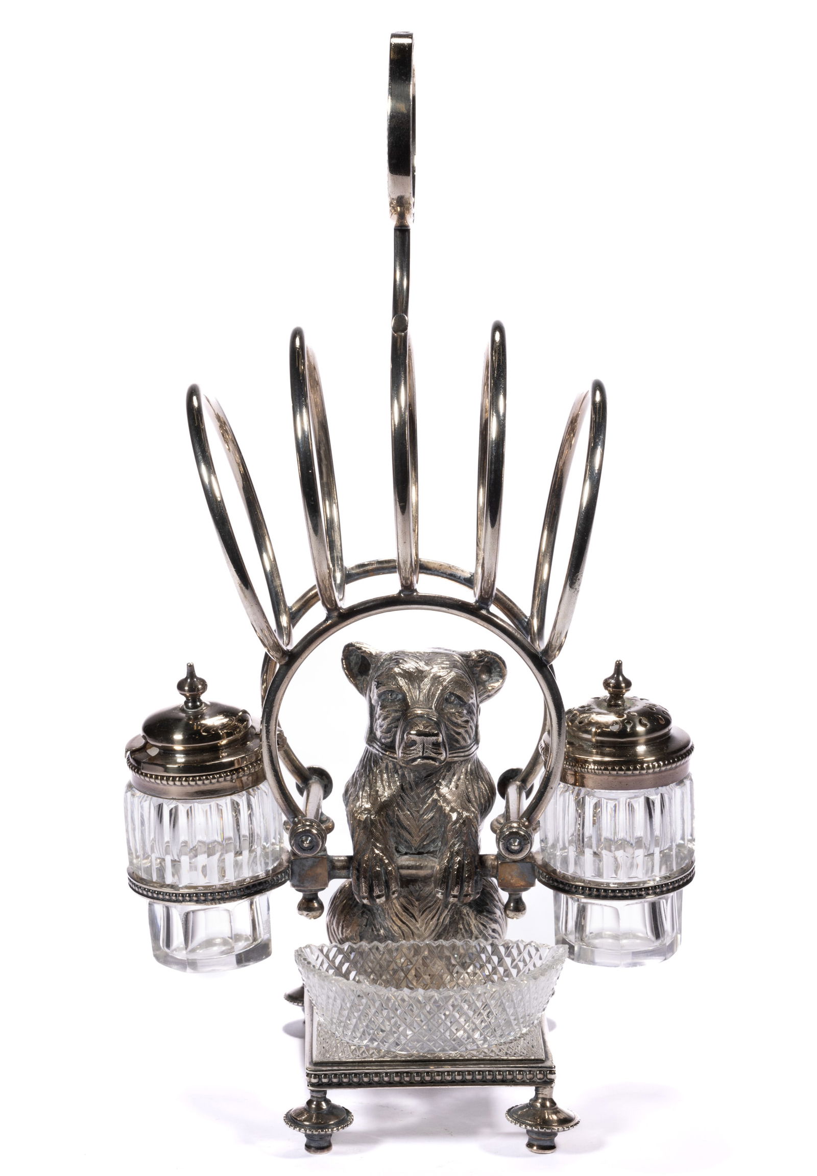 ENGLISH SILVER-PLATED MUZZLED BEAR AND CUT GLASS CONDIMENT SET (1 of 4)