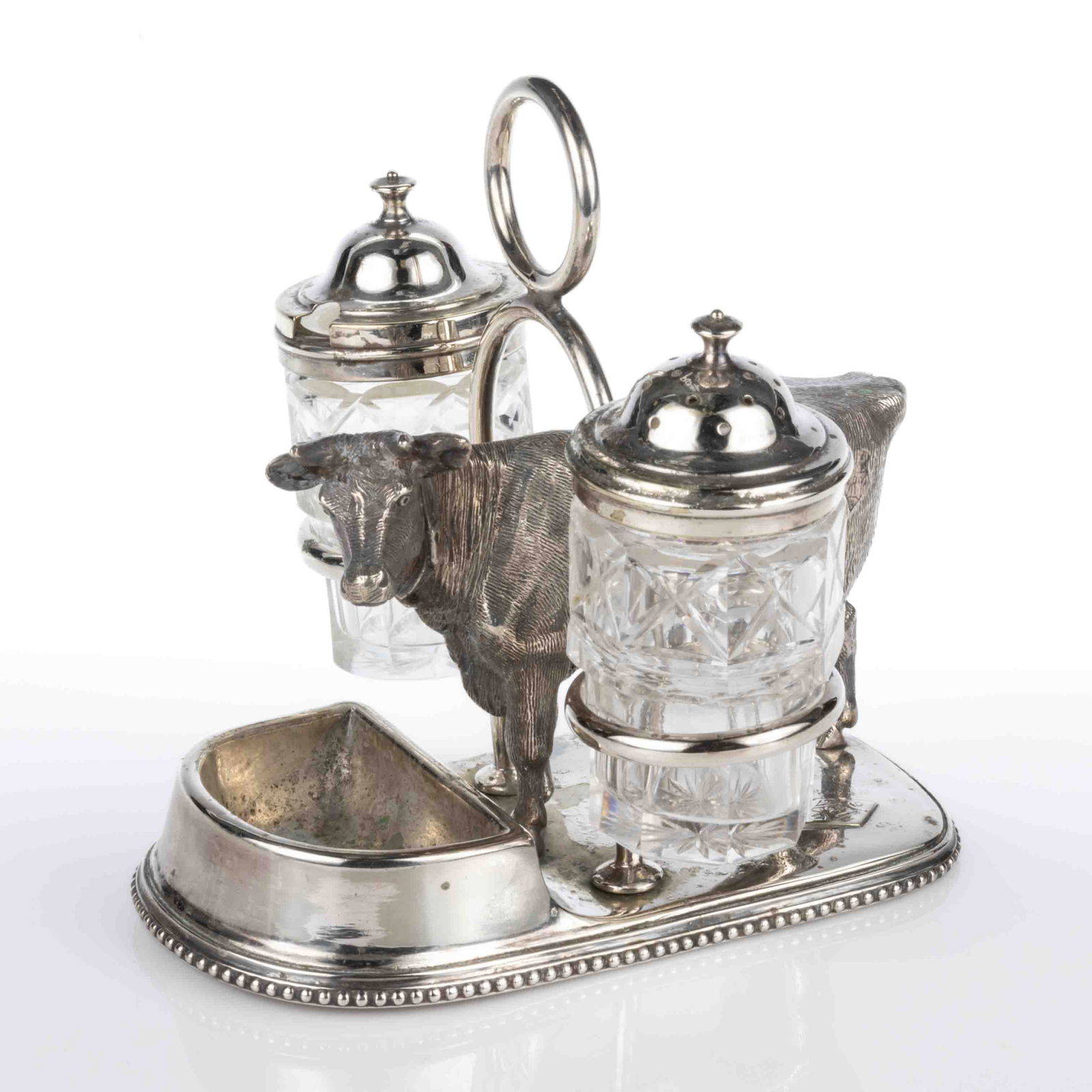 ENGLISH SILVER FIGURAL COW AND CUT GLASS CONDIMENT SET (1 of 5)