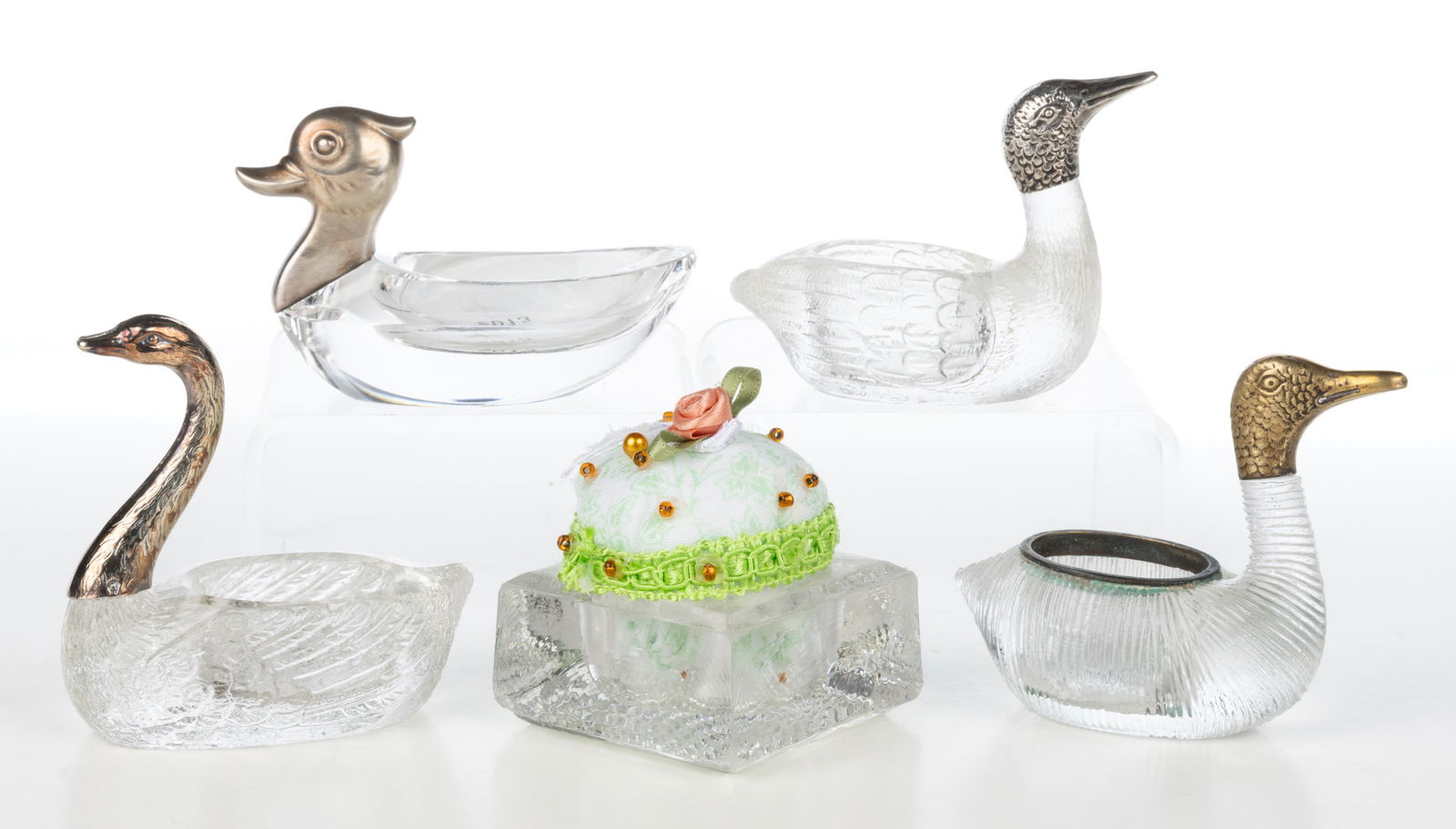 FIGURAL GLASS AND SILVER SWAN OPEN SALTS, LOT OF FOUR (1 of 1)