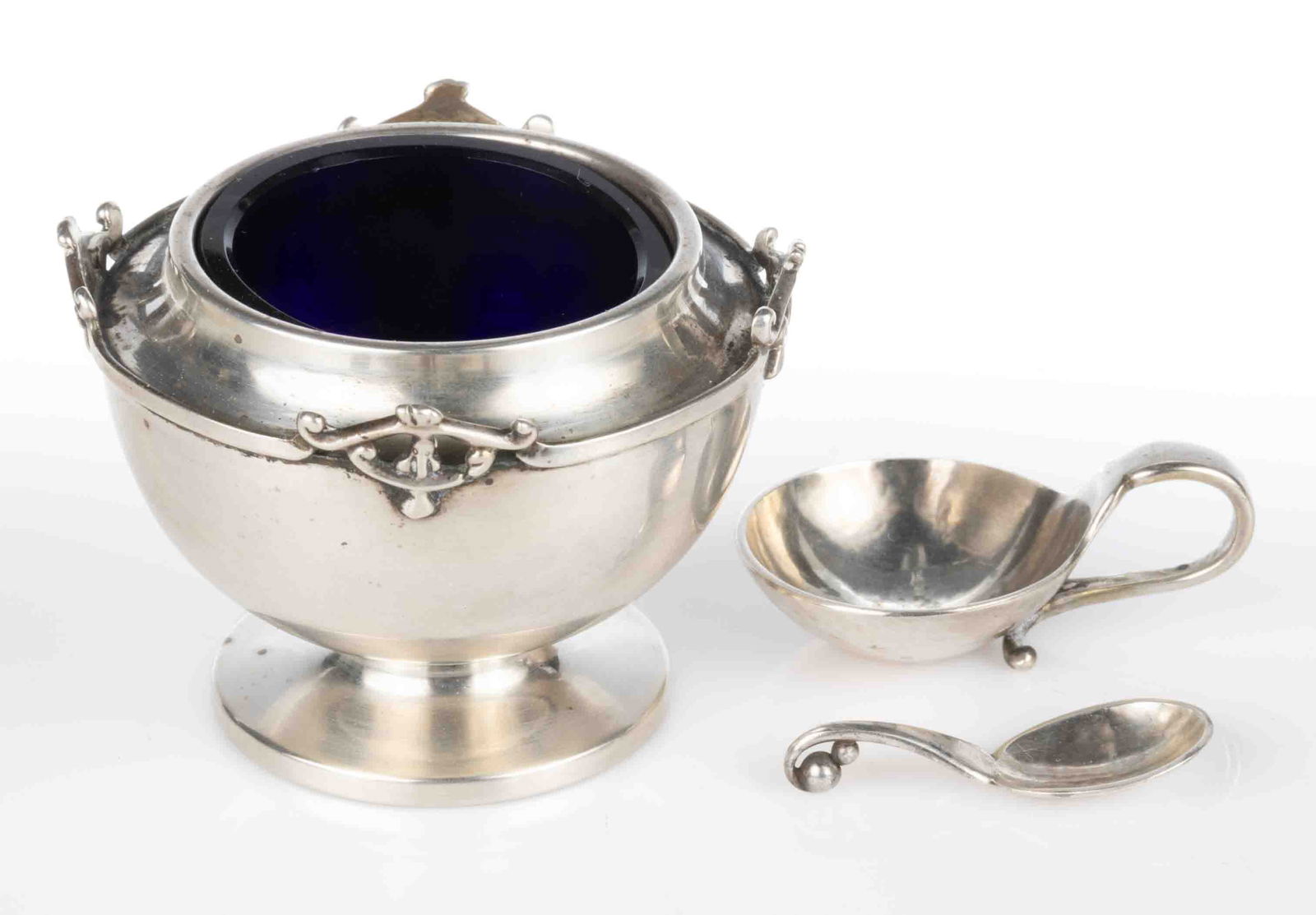 GEORG JENSEN AND ENGLISH STERLING SILVER OPEN SALTS AND SALT SPOON, LOT OF THREE (1 of 1)