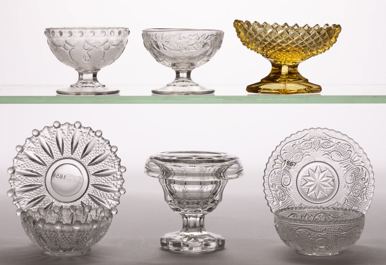 ASSORTED PRESSED GLASS OPEN SALTS AND ARTICLES, LOT OF EIGHT (1 of 1)