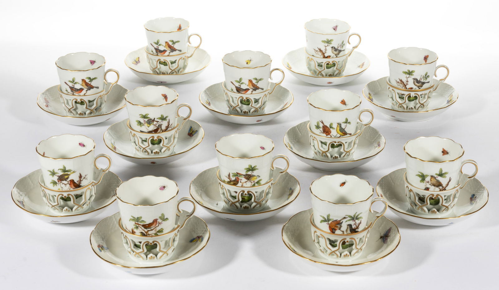 HUNGARIAN HEREND "ROTHSCHILD BIRD" PORCELAIN TREMBLEUSE TREMBLER CUP AND SAUCER SETS, LOT OF 12 (1 of 1)