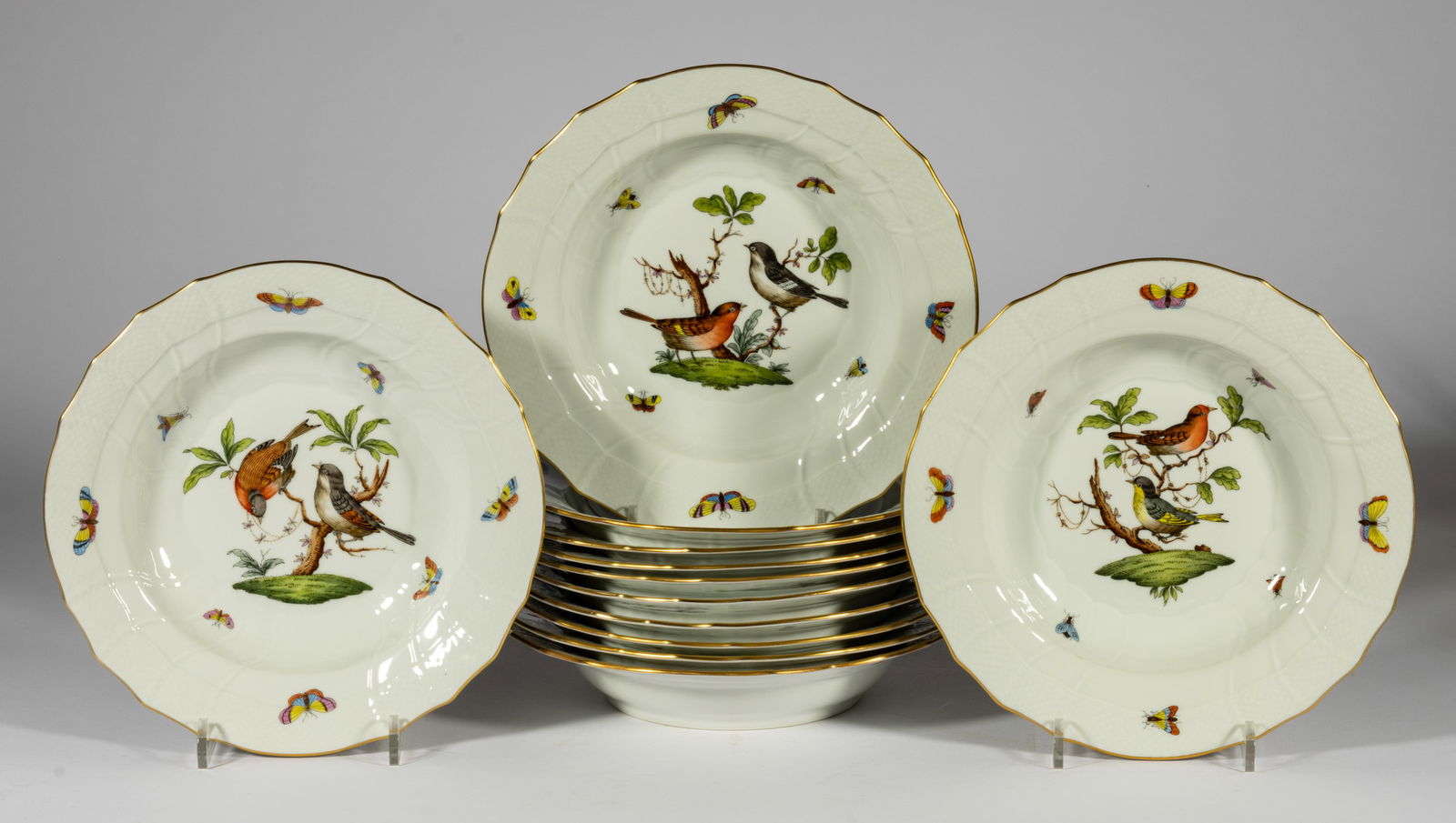HUNGARIAN HEREND "ROTHSCHILD BIRD" PORCELAIN SOUP PLATES, LOT OF 12 (1 of 4)