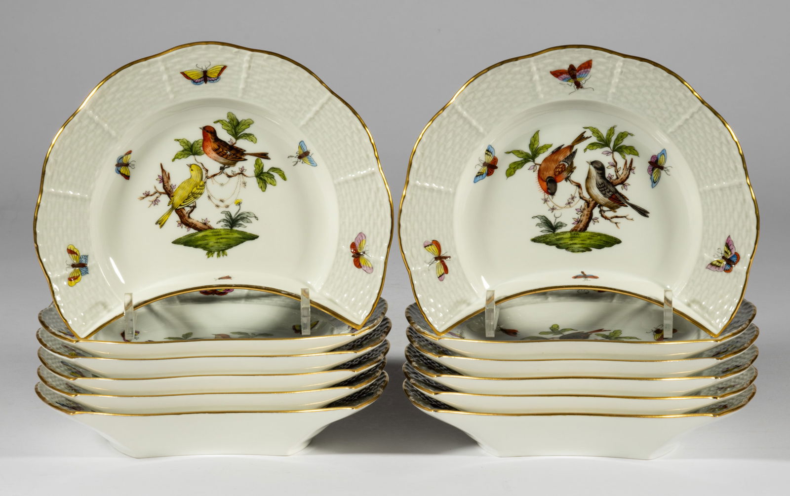HUNGARIAN HEREND "ROTHSCHILD BIRD" PORCELAIN SALAD DISH 12-PIECE SET (1 of 4)