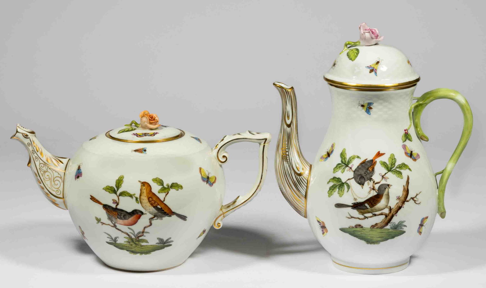 HUNGARIAN HEREND "ROTHSCHILD BIRD" PORCELAIN DRINKING ARTICLES, LOT OF TWO: HUNGARIAN HEREND "ROTHSCHILD BIRD" PORCELAIN DRINKING ARTICLES, LOT OF TWO, each featuring polychrome hand-painted bird and insect designs with gilt accents and molded basketweave border dec