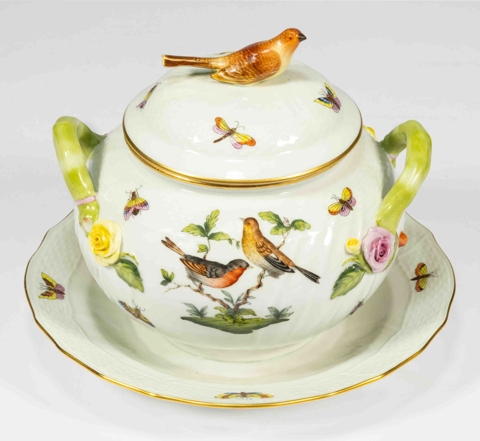 HUNGARIAN HEREND "ROTHSCHILD BIRD" PORCELAIN COVERED SAUCE TUREEN WITH ATTACHED UNDERTRAY (1 of 3)