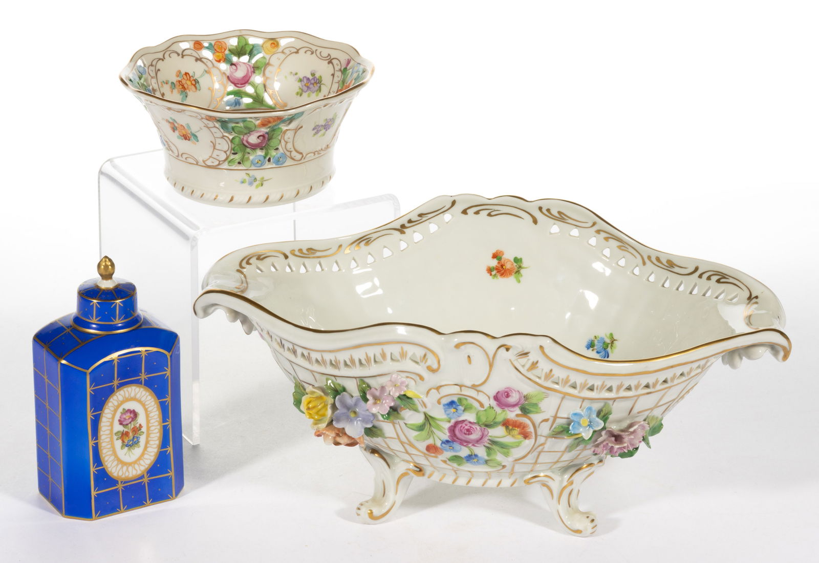 GERMAN DRESDEN HAND-PAINTED PORCELAIN ARTICLES, LOT OF THREE (1 of 3)