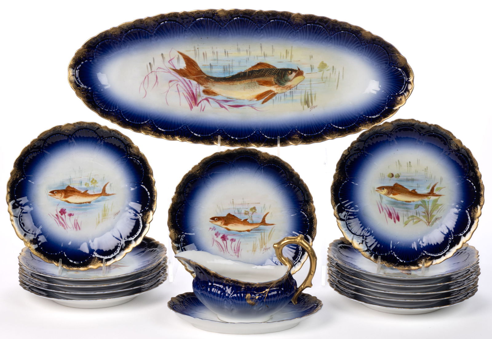 FRENCH LIMOGES PORCELAIN 15-PIECE FISH TABLE SERVICE / SET (1 of 1)