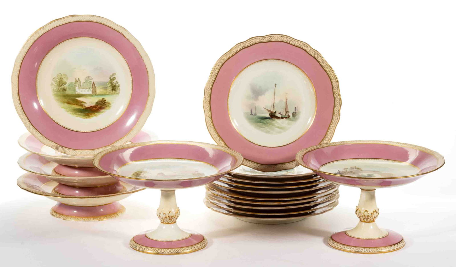 ENGLISH COPELAND HAND-PAINTED PORCELAIN TABLE ARTICLES, LOT OF 16 (1 of 5)