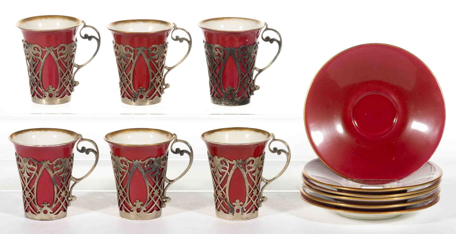 ENGLISH PORCELAIN AND STERLING SILVER DEMITASSE CUP AND SAUCER SETS, LOT OF SIX (1 of 1)