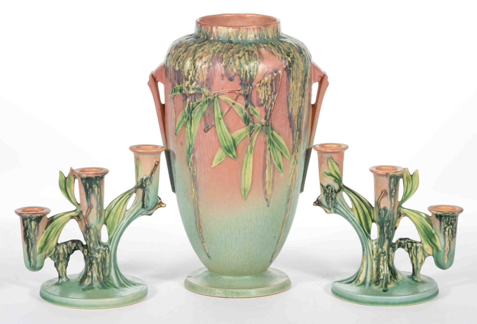 AMERICAN ROSEVILLE MOSS ART POTTERY ARTICLES, LOT OF THREE (1 of 2)