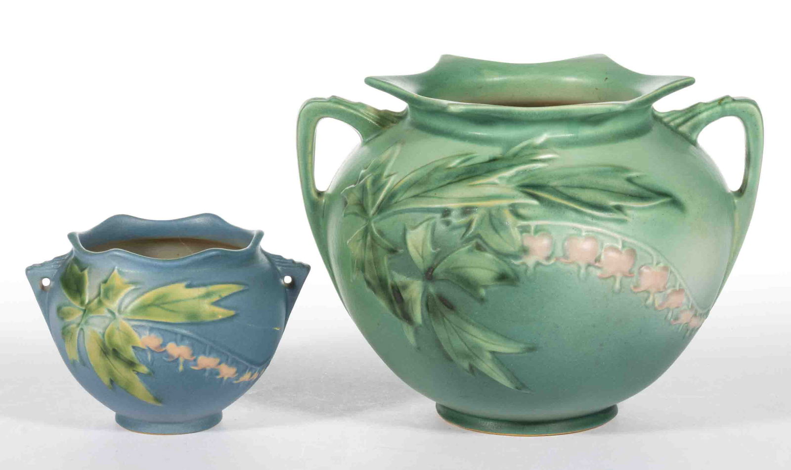 AMERICAN ROSEVILLE BLEEDING HEART ART POTTERY VASES, LOT OF TWO (1 of 2)