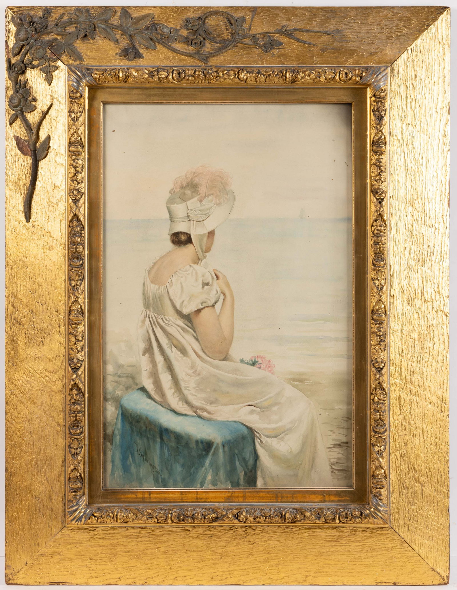 AMERICAN SCHOOL (19TH CENTURY) GENRE PORTRAIT: AMERICAN SCHOOL (19TH CENTURY) GENRE PORTRAIT, watercolor on paper, depicting a seated young lass wearing a white dress and bonnet with pink plumes, holding a bouquet of flowers, gazing over the ocean