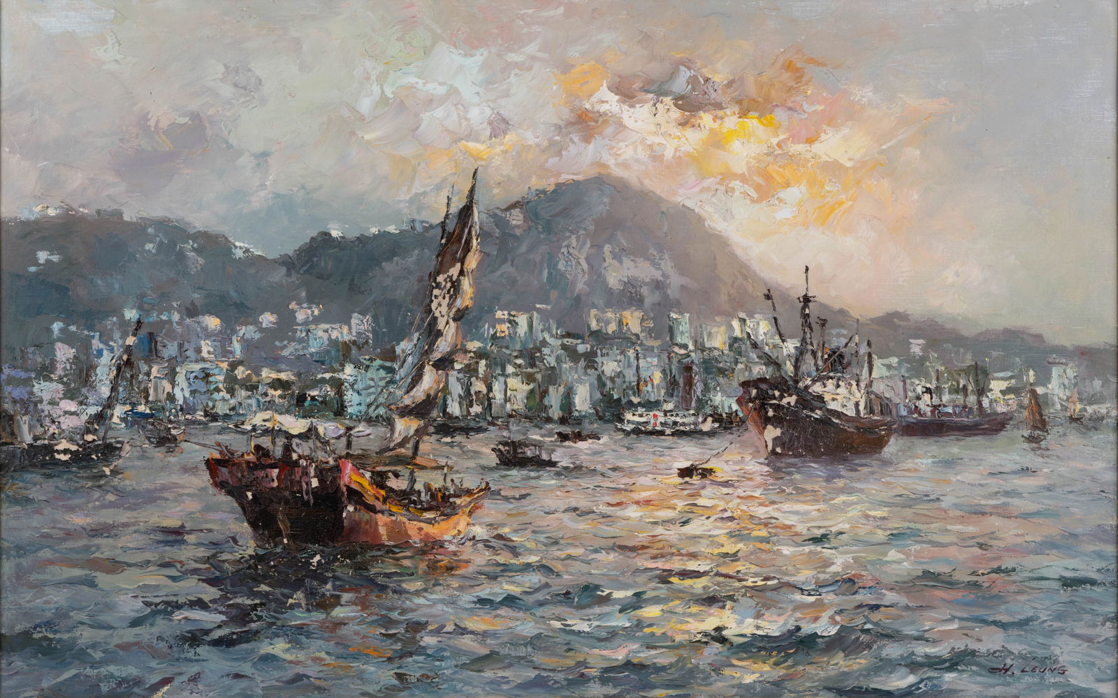 KEN HONG LEUNG (HONG KONG, B. 1933) HARBOR SCENE: KEN HONG LEUNG (HONG KONG, B. 1933) HARBOR SCENE, oil on canvas, a vibrant depiction of the busy harbor done in the Impressionist style with elements of impasto, signed lower right. Hou