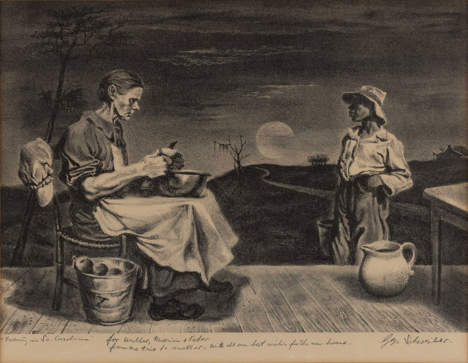 GEORGES SCHREIBER (AMERICAN, 1904-1977) AFRICAN AMERICAN PRINT WITH PRESENTATION: GEORGES SCHREIBER (AMERICAN, 1904-1977) AFRICAN AMERICAN PRINT WITH PRESENTATION, "Evening in South Carolina", artist's penciled title flanked by the inscription "for Walter, Marion