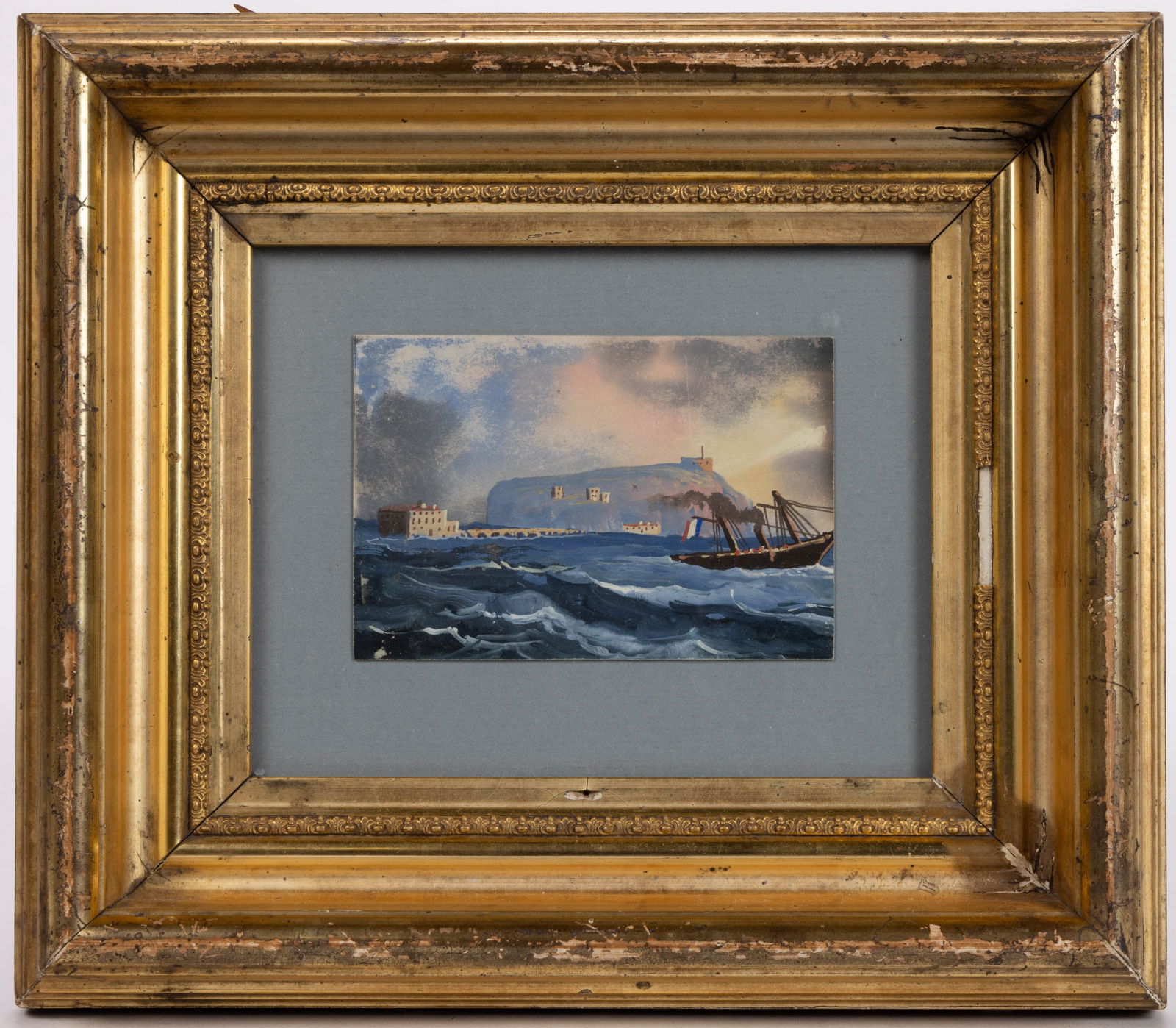 ITALIAN SCHOOL (19TH CENTURY) NAUTICAL PAINTING: ITALIAN SCHOOL (19TH CENTURY) NAUTICAL PAINTING, watercolor and gouache on cardstock, depicting a steamship flying a French flag sailing past Isola di Nisida, no signature located. Housed under glass