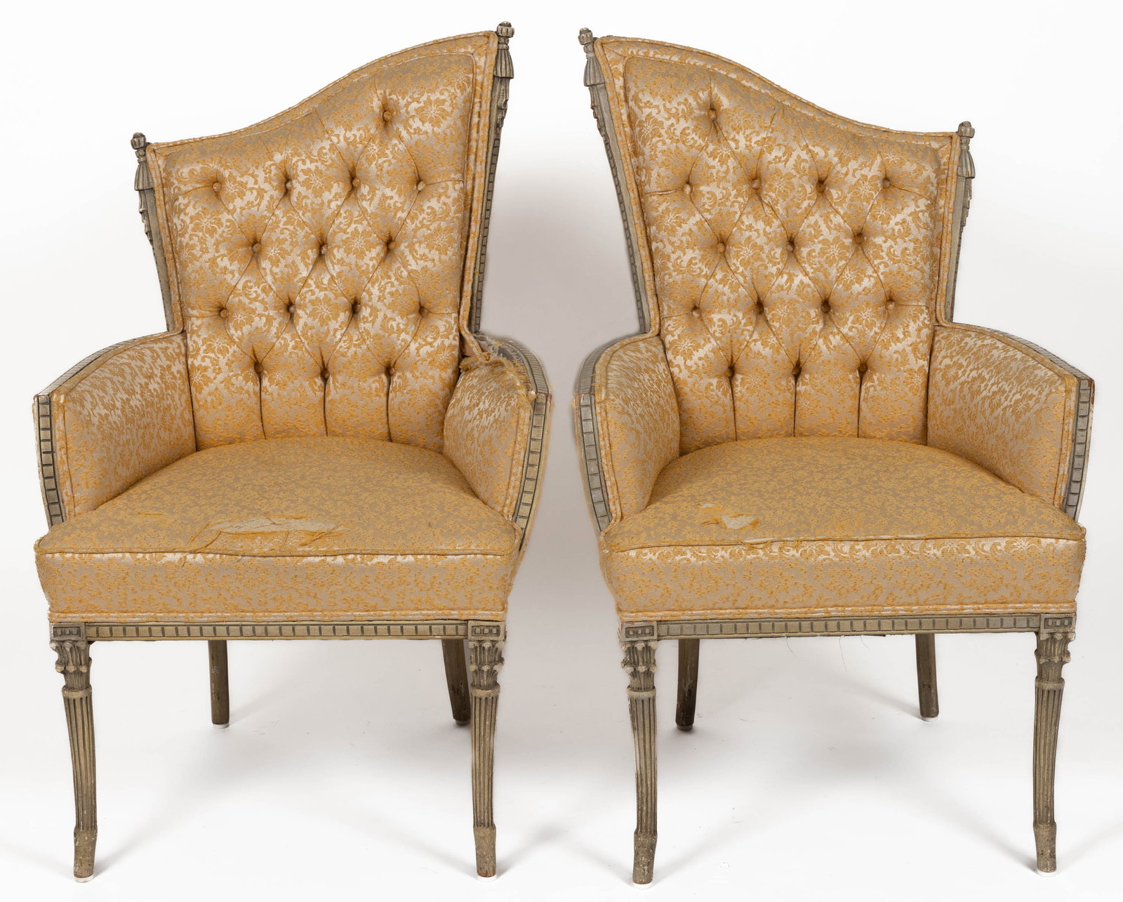 PAIR OF FRENCH ART NOUVEAU-STYLE CARVED AND PAINTED ARMCHAIRS: PAIR OF FRENCH ART NOUVEAU-STYLE CARVED AND PAINTED ARMCHAIRS, retaining early, possibly original, yellow upholstery. Second quarter 20th century. Each 43 1/2" HOA, 19 1/2" x 25" seat. 