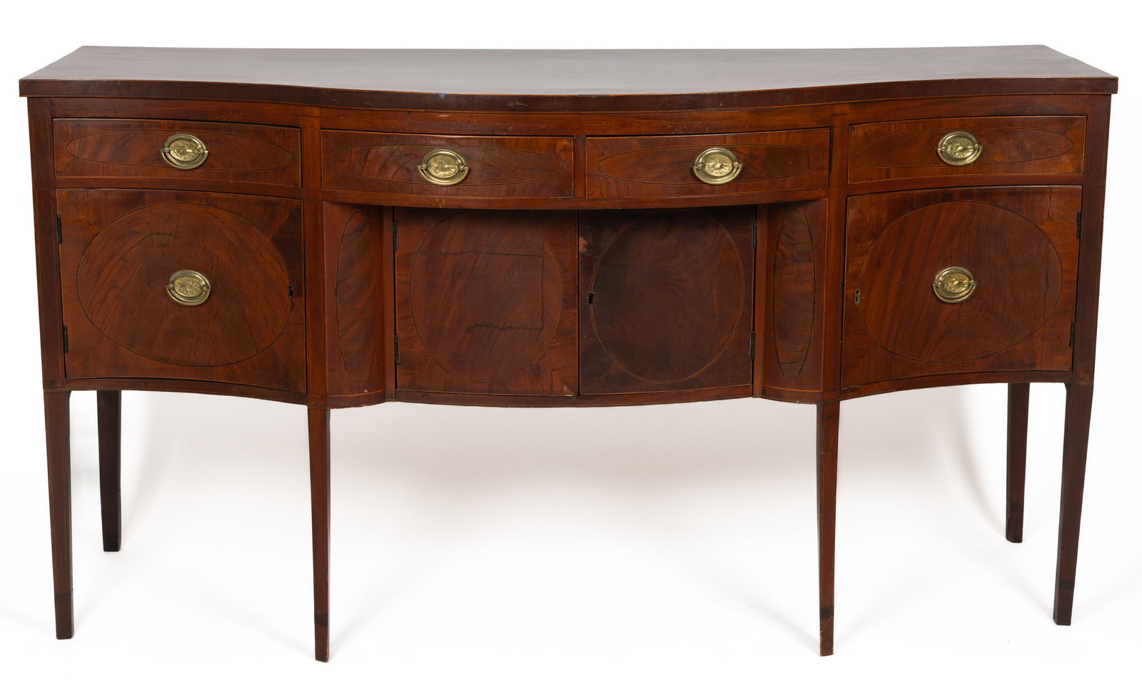 AMERICAN FEDERAL INLAID MAHOGANY SIDEBOARD: AMERICAN FEDERAL INLAID MAHOGANY SIDEBOARD, six-leg form with serpentine profile, square-tapered legs, and complex line inlay framing reserves of contrasting veneers throughout. Poplar secondary 