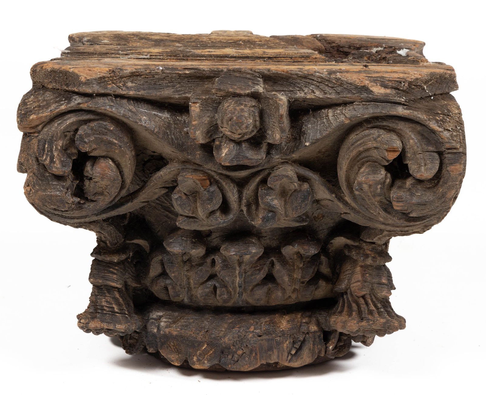 EARLY EUROPEAN CARVED OAK CORINTHIAN COLUMN BASE / CAPITAL (1 of 3)