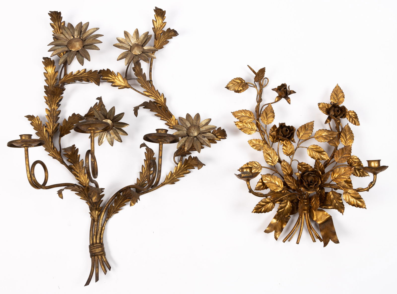 ITALIAN GILT-METAL FLORAL WALL SCONCES, LOT OF TWO (1 of 3)