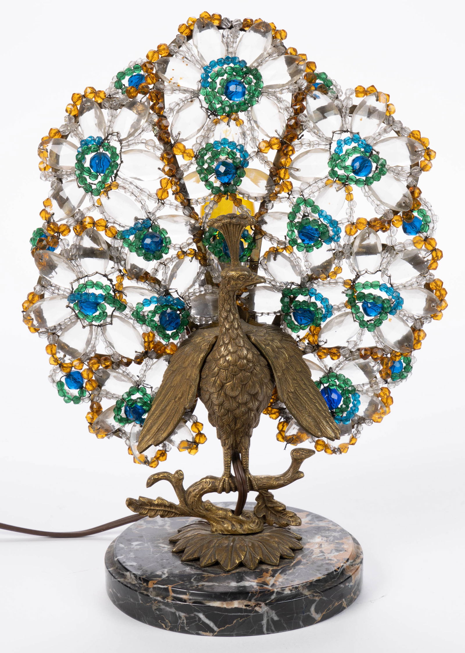 CZECHOSLOVAKIAN ART DECO GILT-BRONZE AND GLASS PEACOCK BOUDOIR LAMP (1 of 3)