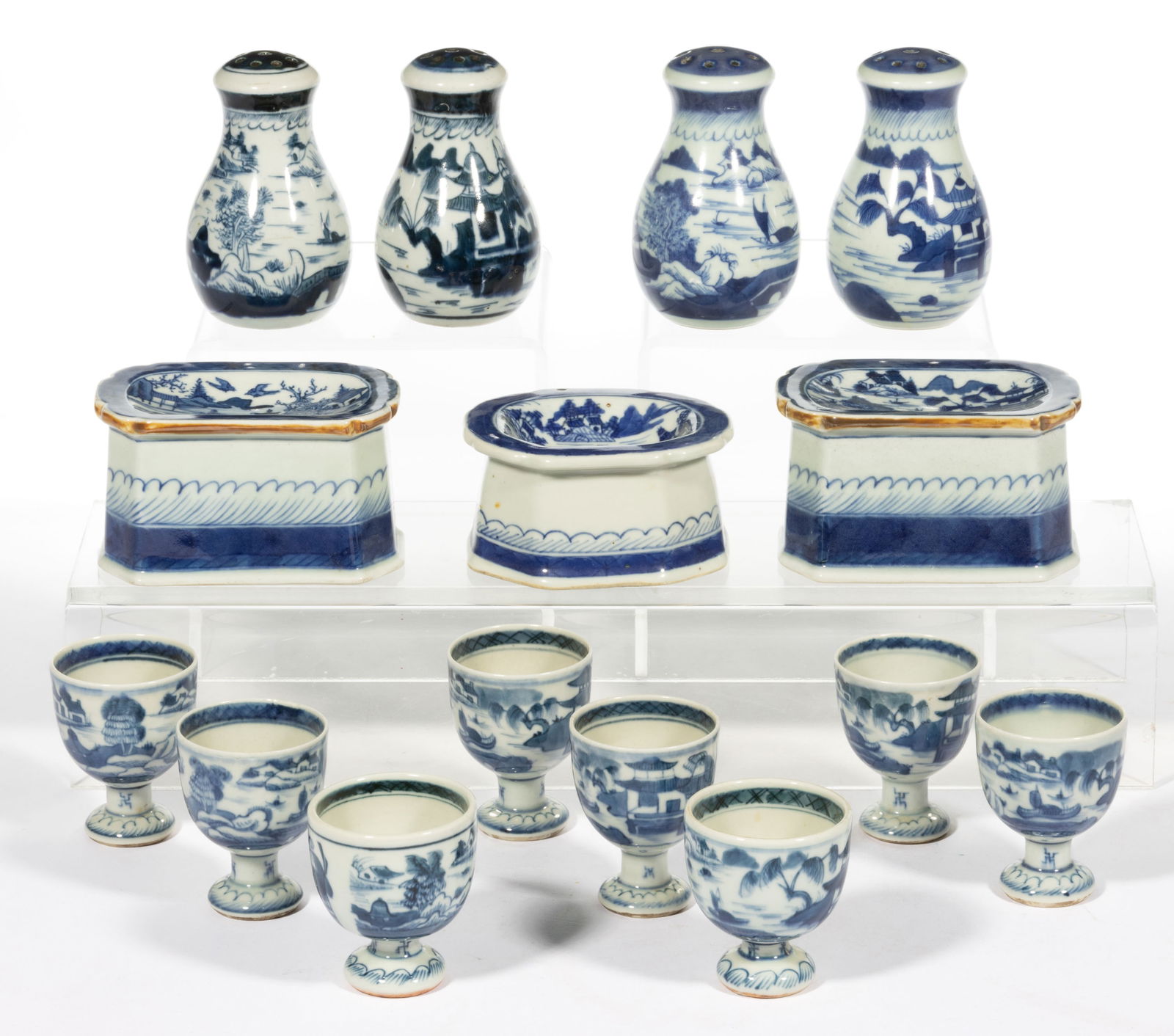 CHINESE EXPORT PORCELAIN BLUE AND WHITE CANTON TABLE ARTICLES, LOT OF 15 (1 of 1)