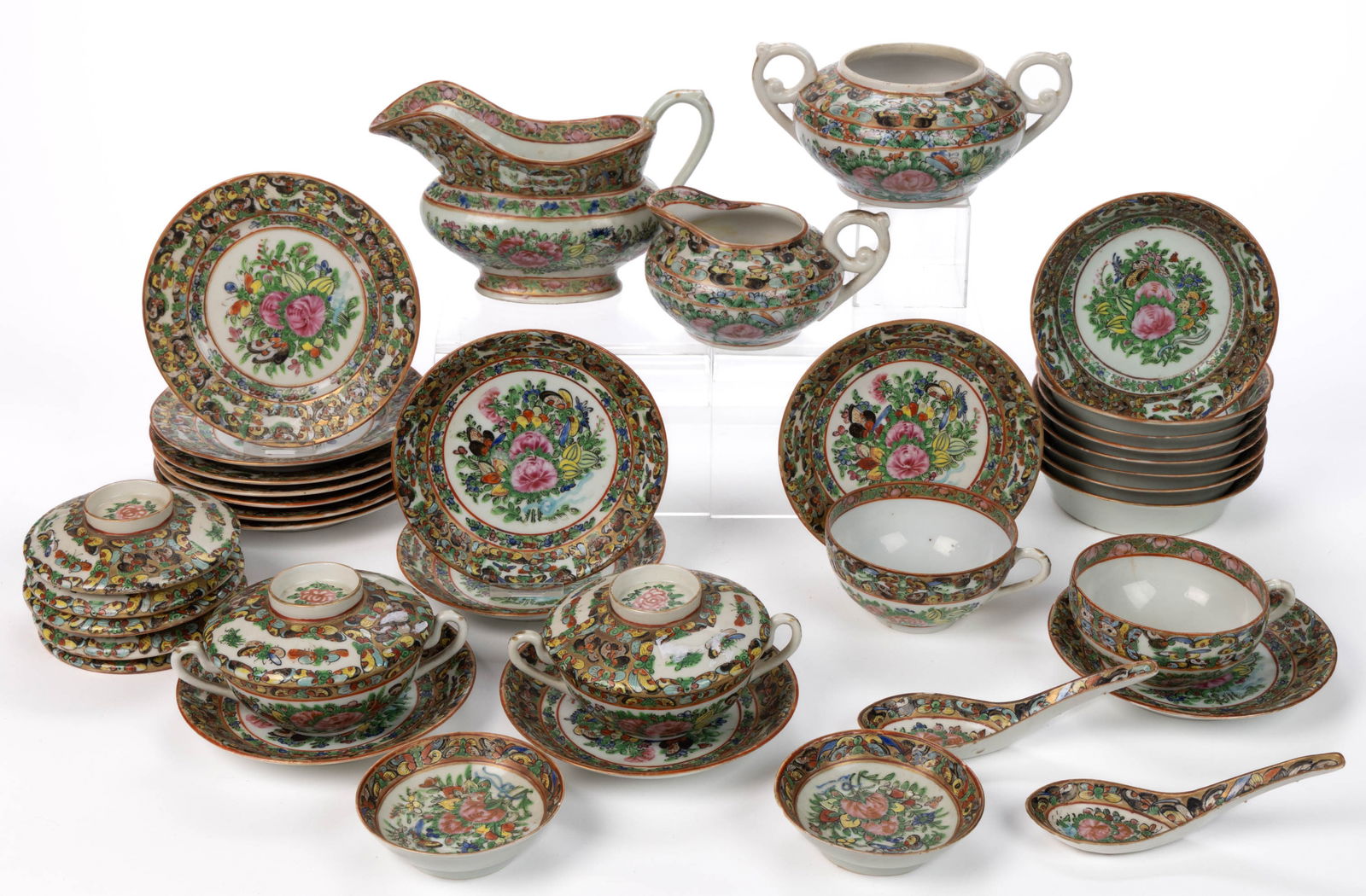 CHINESE EXPORT PORCELAIN FAMILLE ROSE BUTTERFLY MOTIF TEA AND TABLE ARTICLES, LOT OF 37 (1 of 1)