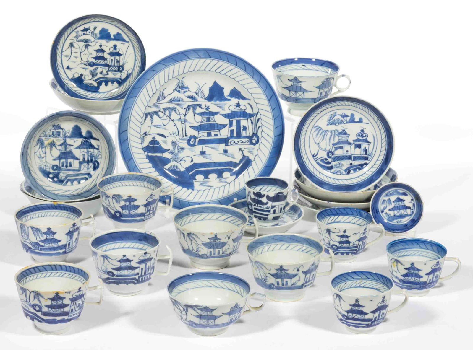 CHINESE EXPORT PORCELAIN BLUE AND WHITE CANTON TEA AND TABLE ARTICLES, LOT OF 24 (1 of 1)