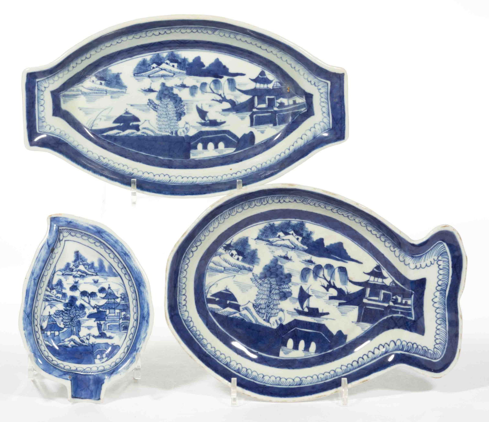 CHINESE EXPORT PORCELAIN BLUE AND WHITE CANTON DISHES, LOT OF THREE (1 of 1)