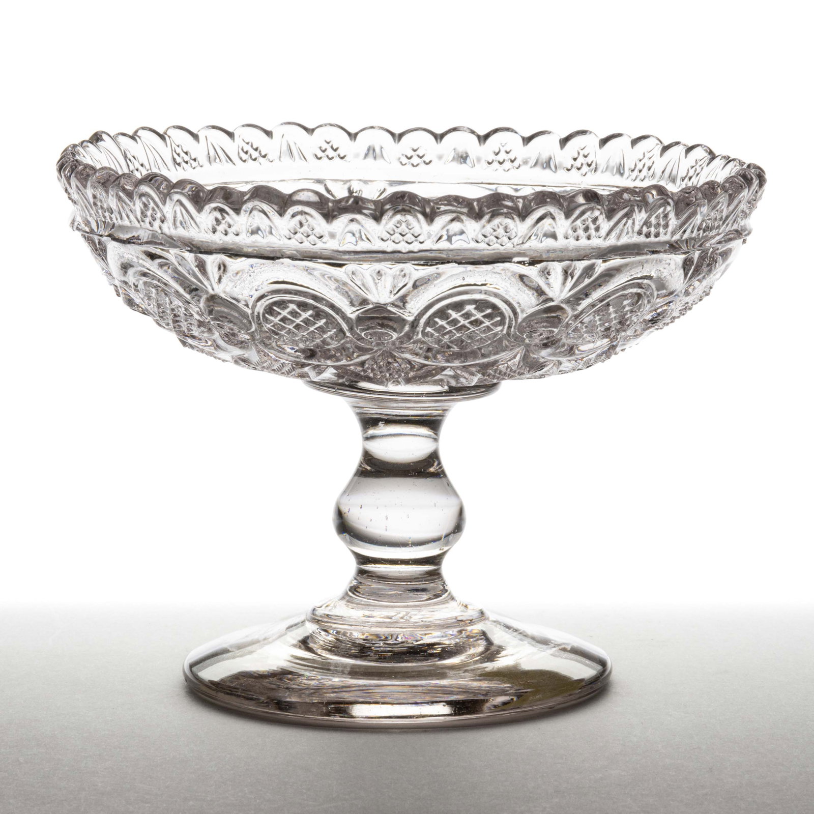 PRESSED ROMAN ROSETTE NAPPIE ON FOOT / COMPOTE: PRESSED ROMAN ROSETTE NAPPIE ON FOOT / COMPOTE, colorless, nappie with 48-scallop rim and eleven-petal daisy in bottom, raised on a blown baluster-form stem and circular foot, rough pontil mark. Proba