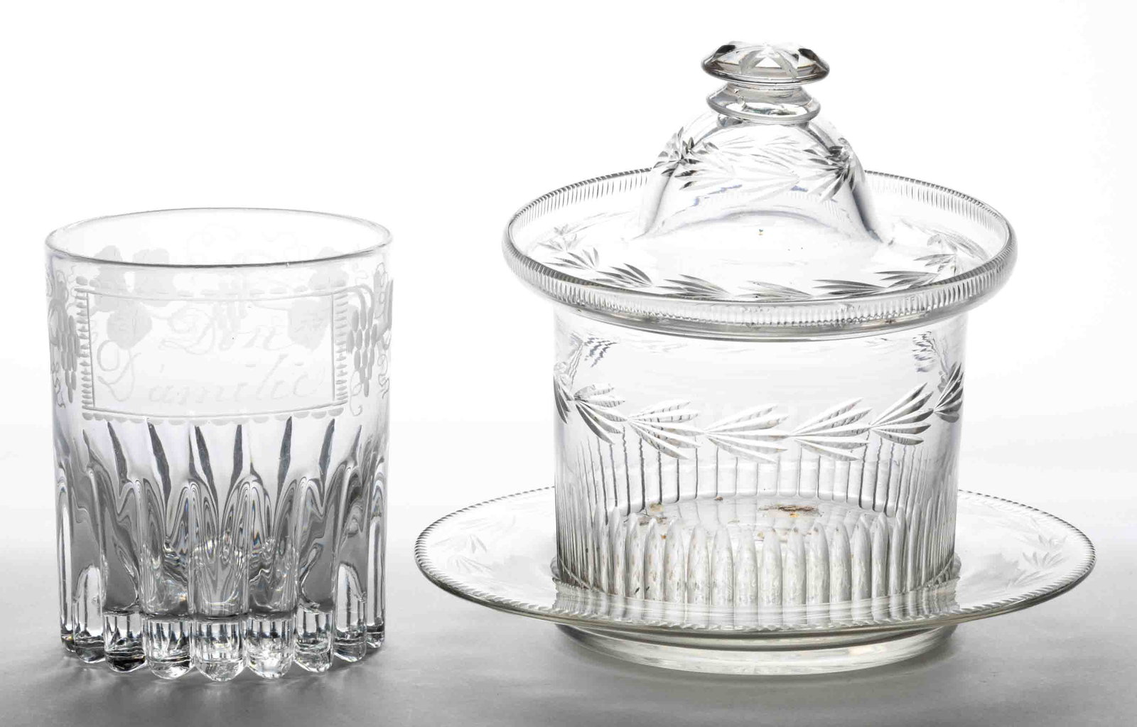 EUROPEAN BLOWN & CUT / ENGRAVED GLASS ARTICLES, LOT OF TWO: EUROPEAN BLOWN & CUT / ENGRAVED GLASS ARTICLES, LOT OF TWO, colorless, consisting of an English butter cooler retaining its original cover and underplate each with matching cut horizontal-fan deco