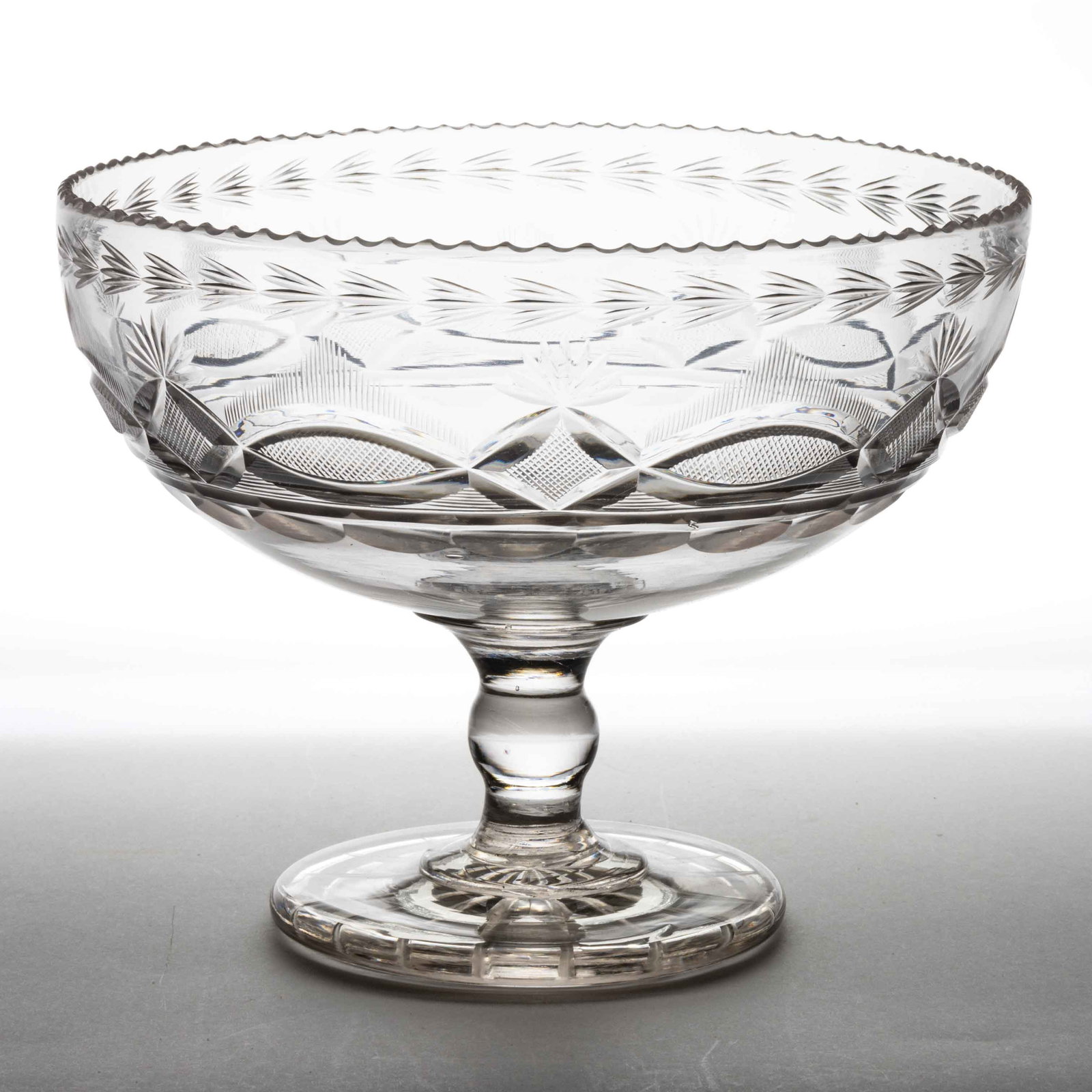 EARLY CUT STRAWBERRY DIAMONDS AND VESICAS OPEN COMPOTE: EARLY CUT STRAWBERRY DIAMONDS AND VESICAS OPEN COMPOTE, colorless lead glass, hemispherical bowl with strawberry diamond, fan, and blazed vesicas, raised on a solid single-knop stem, applied circ