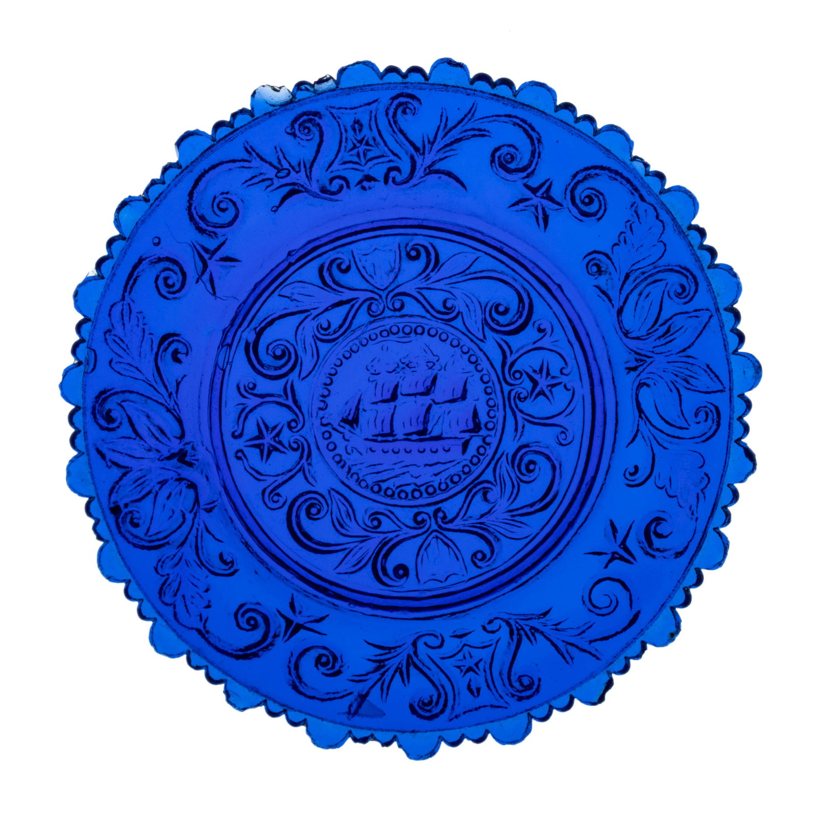 LEE/ROSE NO. 610-A CUP PLATE: LEE/ROSE NO. 610-A CUP PLATE, brilliant deep blue, 23 large scallops with two smaller between, bold central ship design jutting past table ring causing plate to wobble. Scarce. Boston &