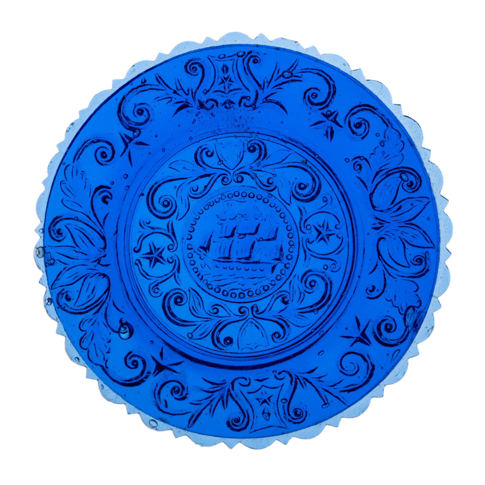 LEE/ROSE NO. 610-B CUP PLATE: LEE/ROSE NO. 610-B CUP PLATE, blue, 25 flat scallops with single point between. Scarce. Probably Boston & Sandwich Glass Co. 1830-1845. 3 9/16" D. Literature: Lee/Rose - American Glass C