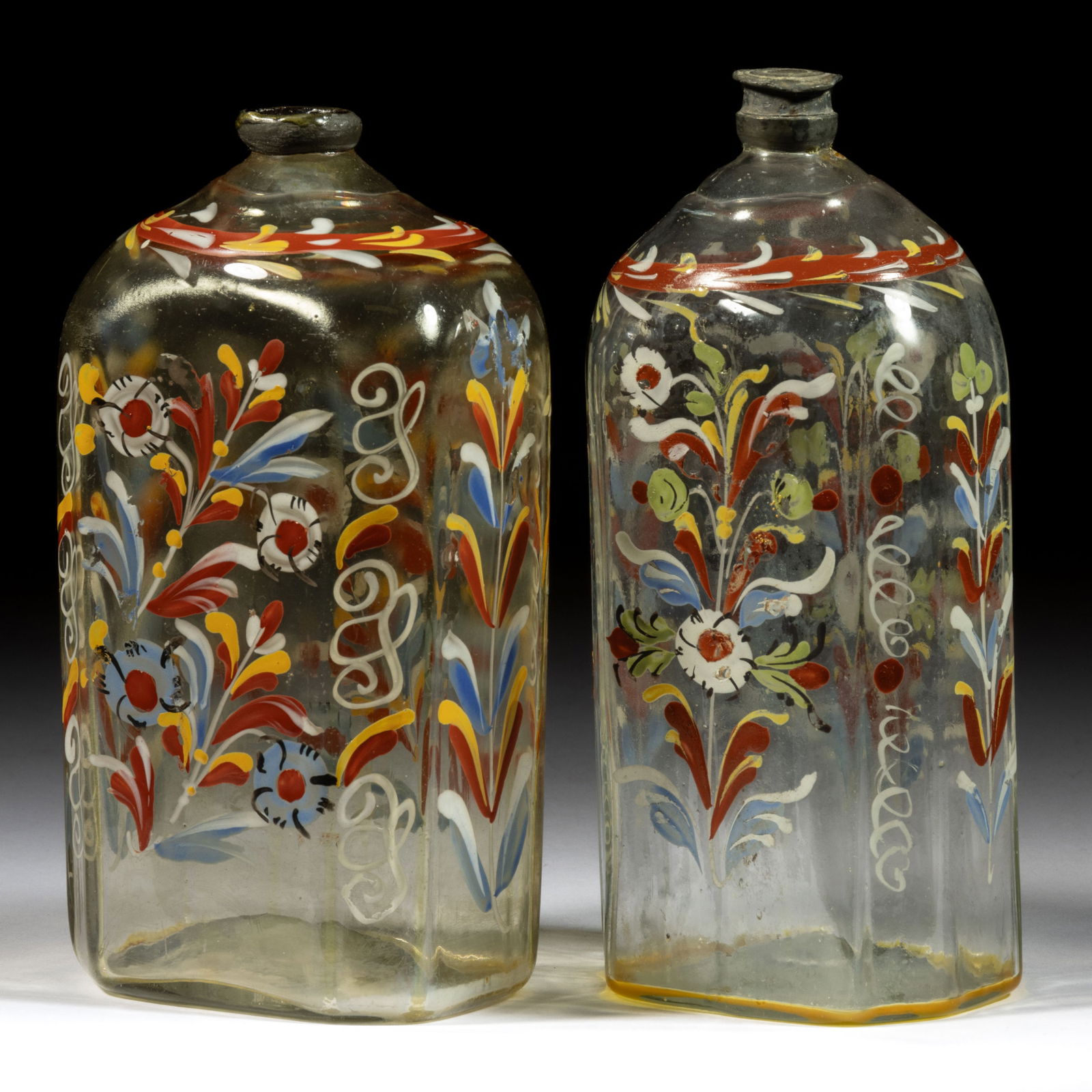 HALF-POST BLOWN AND DECORATED "STIEGEL-TYPE" BRIDE'S / DRUG BOTTLES, LOT OF TWO (1 of 1)