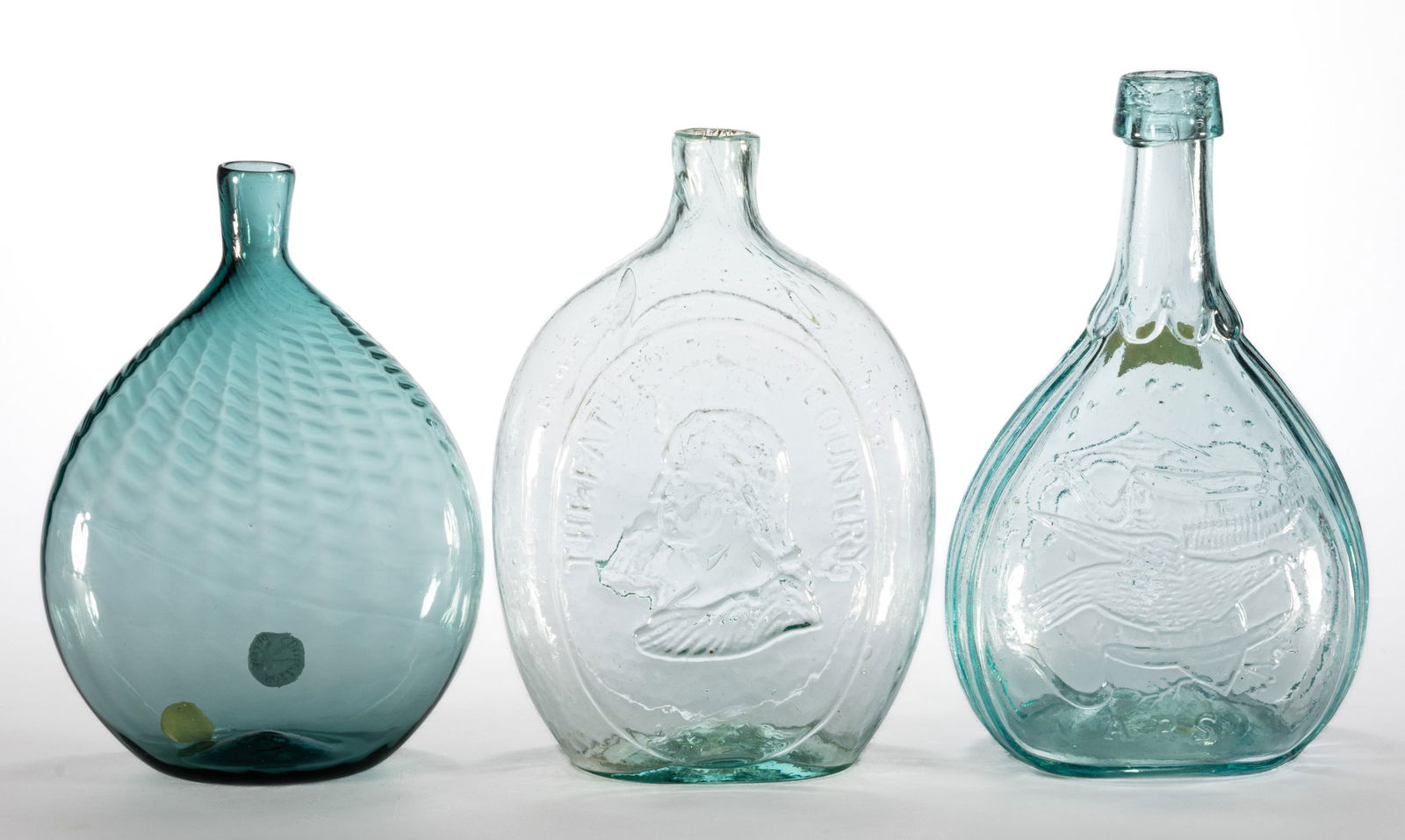 ASSORTED PICTORIAL / HISTORICAL FLASKS, LOT OF TWO: ASSORTED PICTORIAL / HISTORICAL FLASKS, LOT OF TWO, comprising an aquamarine GI-37 Dyottville "WASHINGTON / TAYLOR", and an aquamarine GIV-42 "Masonic" Cal